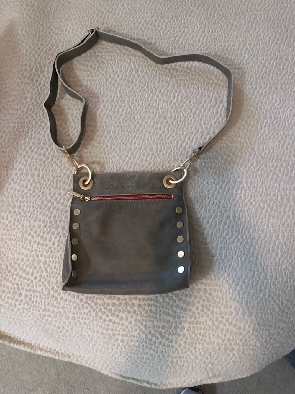 Grey Crossbody Bag with red zipper, medium size. No tags, never worn.